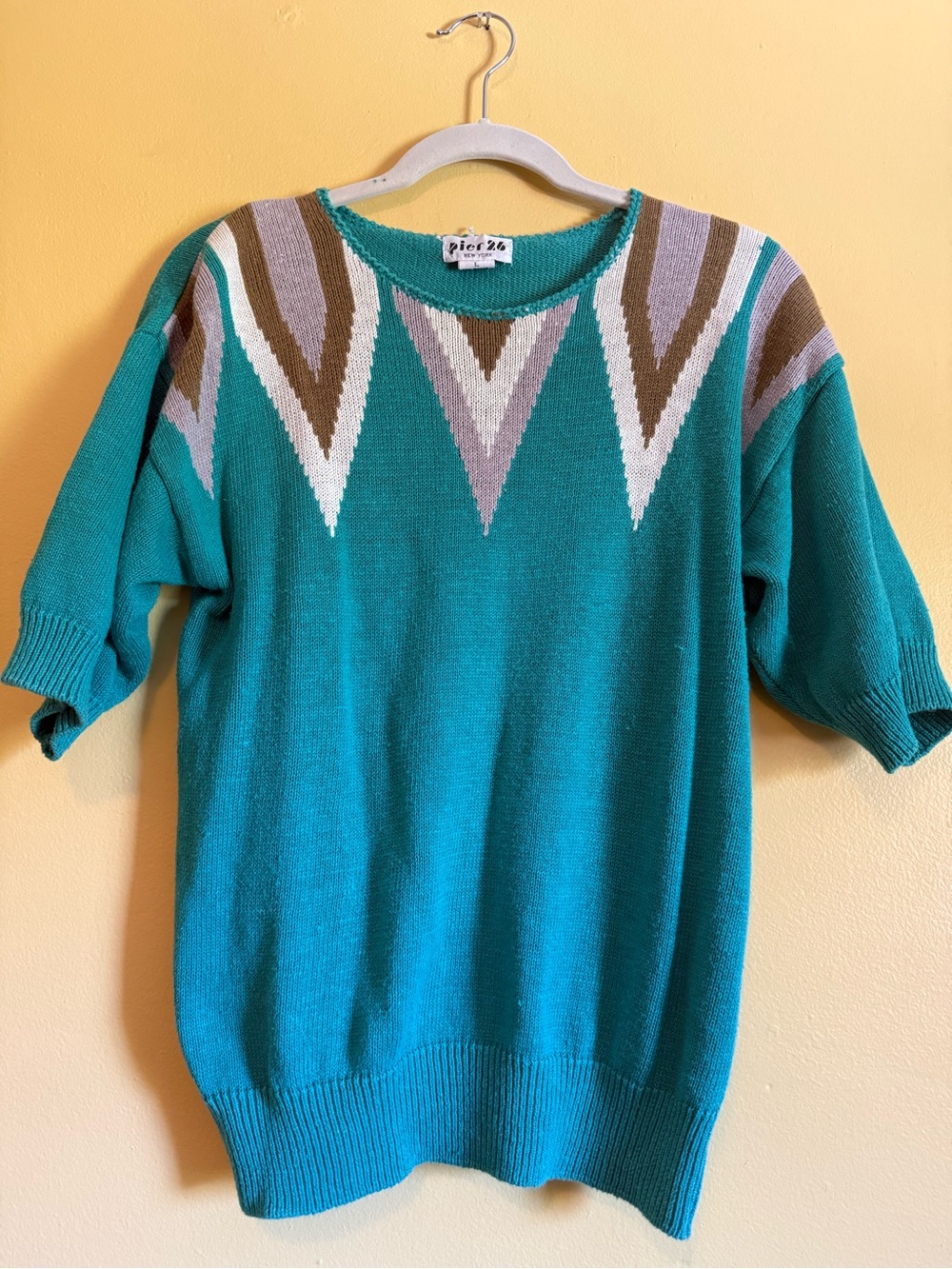 Teal Geometric Neckline Short Sleeve Sweater